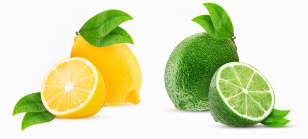 将成熟的柠檬和酸橙切成两半，放入盆内图片下载