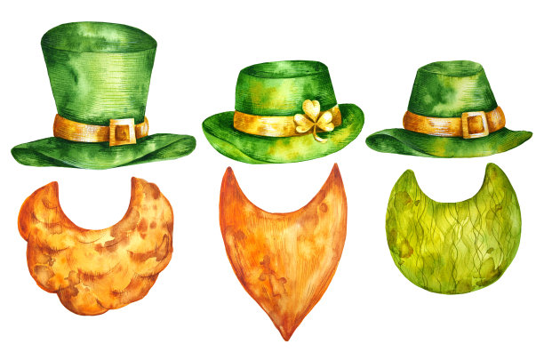 在圣帕特里克节，一顶象征好运的三叶草，一顶绿色的小矮人帽，用水彩画的红色胡须。白色背景隔离图片下载