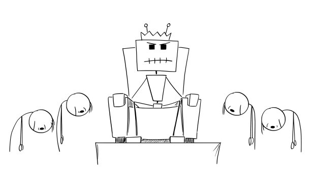 机器人，人工智能或人工智能坐在宝座上当国王，矢量卡通棒形插图图片下载