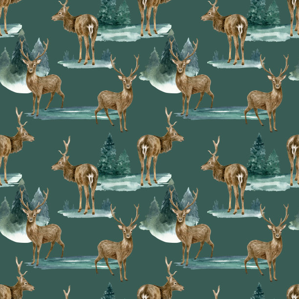 水彩林地无缝图案与鹿和景观。手绘现实的鹿角和冷杉森林树在深绿色的背景鹿。布料、壁纸、印花绘图。图片下载