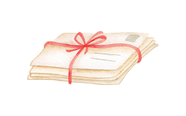 水彩堆信封插图。手工绘制的牛皮纸信件绑在绳子和弓孤立在白色背景上。古董邮政剪纸艺术。旧爱邮件，浪漫的设计元素。图片下载