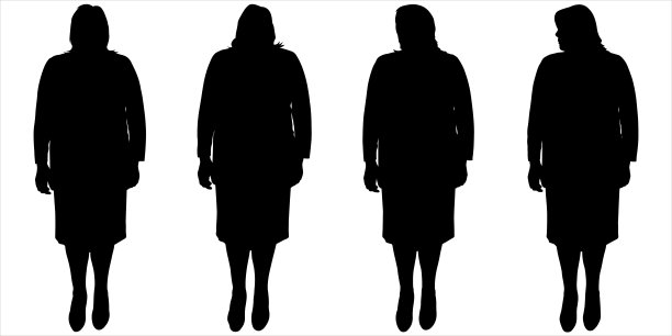 一个穿西装的女商人一动不动地站着。穿裙子的女人。黑色女性剪影在白色背景上。一个人摆出身体的姿势，但头却朝不同的方向。前视图图片下载