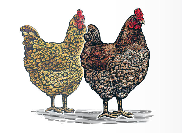 一组两只鸡，图案(雕刻)风格和彩绘。图片下载