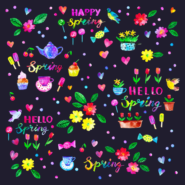 春天的季节背景有花，鸟，心，茶壶，杯子，蛋糕，糖果，冰棒图片下载