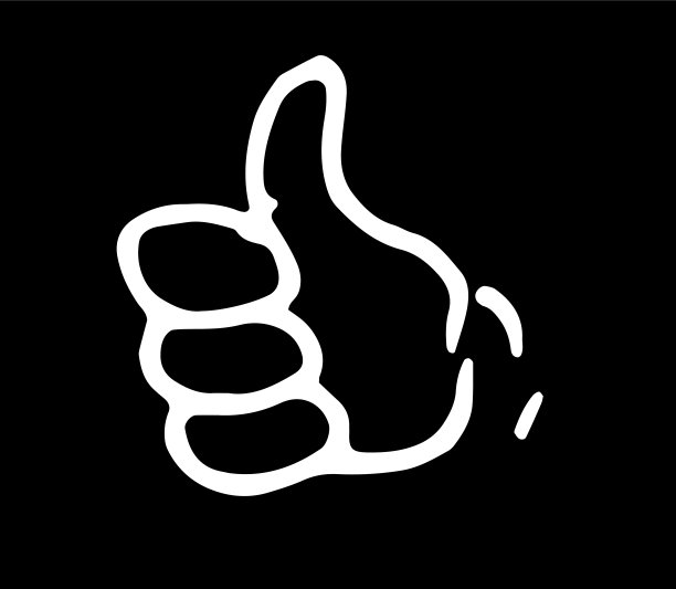一只举起手指的卡通手。孤立的图标手势好，手绘白色轮廓的一只手与一个凸起的拇指和三个紧握的手指，侧视图黑色为一个设计模板图片下载