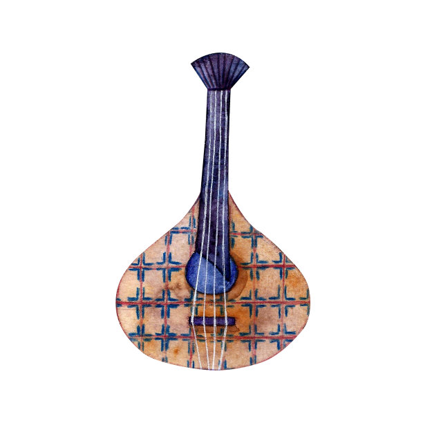 水彩葡萄牙吉他与装饰。手绘插图。图片下载