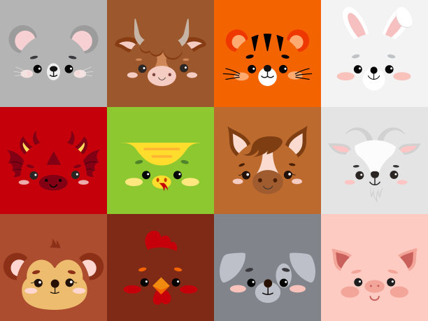 中国十二生肖动物字符方形面向量集孤立在白色背景上。图片下载