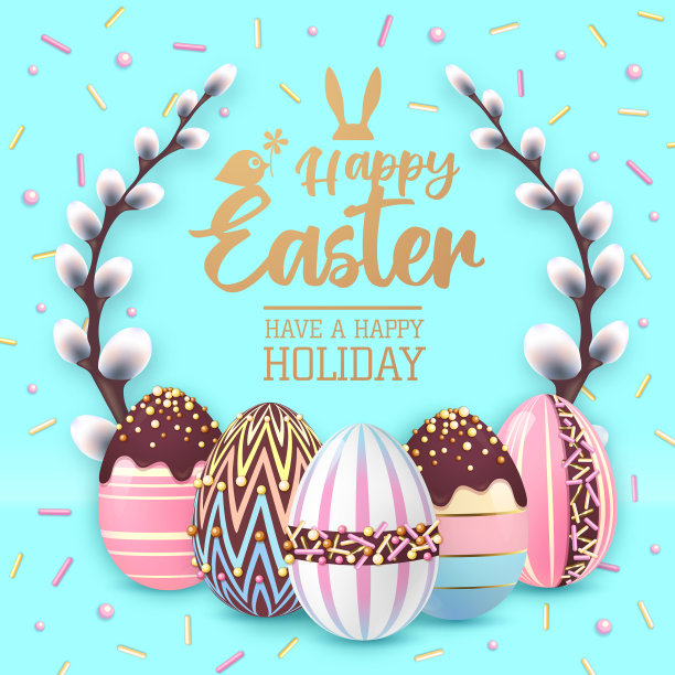 节日复活节的背景以五彩缤纷的复活节彩蛋和甜蜜的装饰。贺卡或海报。矢量图图片下载