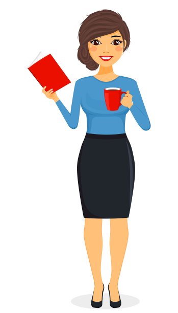 一个女孩手里拿着一杯咖啡在看书。概念，年轻的商人女孩。商业和金融。的性格。平坦的风格在白色的背景。卡通。图片下载