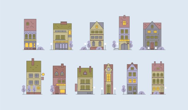 不同风格的房屋建筑外观图标图片下载