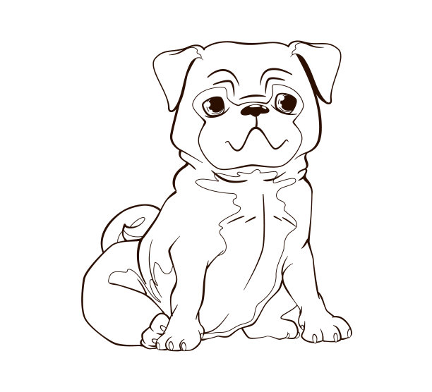 可爱的哈巴狗耷拉着耳朵坐在后腿上。矢量插图在卡通风格，黑和白线图片下载