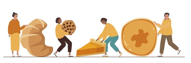 小角色呈现自制糕点。人们拿着煎饼，羊角面包，饼干，派。烘焙爱好者。为面包店，餐厅，咖啡馆，面包店的海报卡通平面矢量模板图片下载