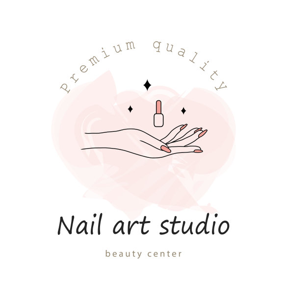 矢量标识设计美甲艺术工作室。现代设计的美甲和足疗沙龙美容和水疗中心。线性图标孤立在粉红色水彩背景图片下载