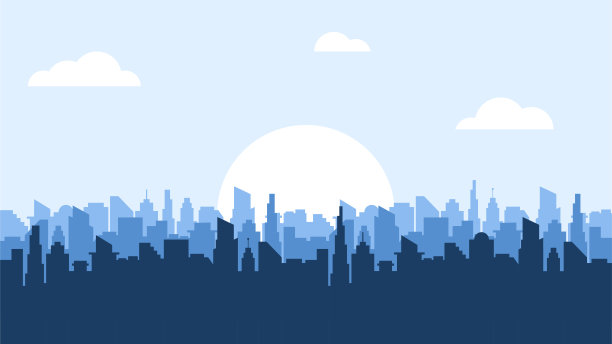现代城市天际线的蓝色剪影。有阳光和云彩的城市景观。平面风格的矢量插图图片下载