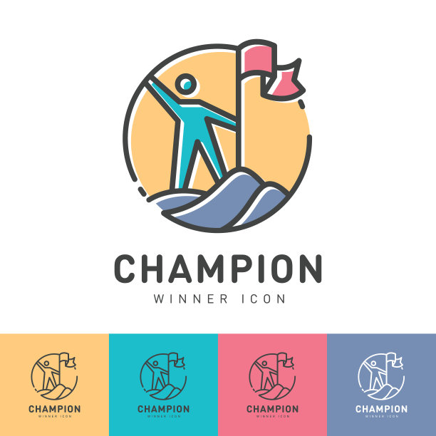 冠军徽章。获胜者图标。攀登的人带着一面旗在山上。的身份。图片下载
