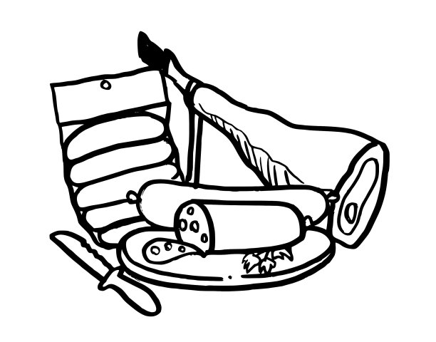 肉，火腿腿和香肠和刀放在菜板上。图标,标志。手绘墨水笔画风格矢量插图。图片下载