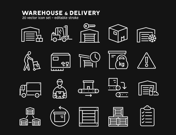 仓库和交付线图标设置。送货员和货车，食品和冷藏仓库。仓库外观、全球物流行业、配送服务轮廓图标。可编辑的描边，黑色背景图片下载