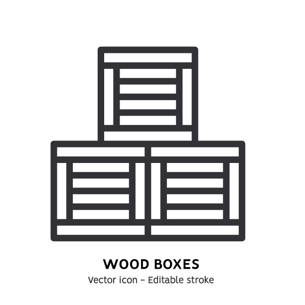 木盒子线条图标。安全包装盒象形图。仓储工具，全球物流行业，速冻产品平面轮廓图标配送服务。可编辑的中风图片下载