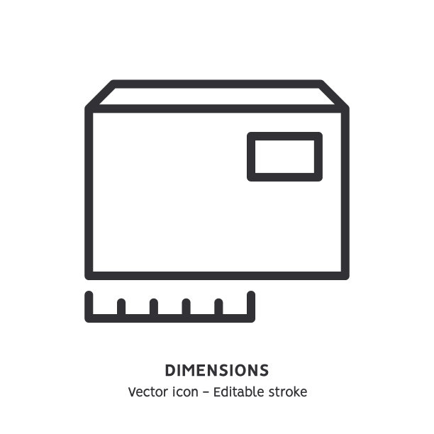 框尺寸线图标。仓储包装，全球物流行业，快递服务平面轮廓图标。可编辑的中风图片下载