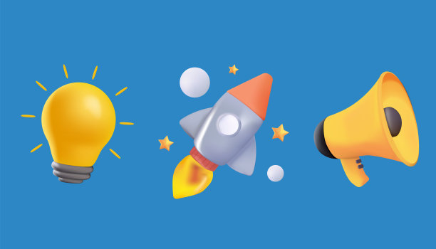 三维矢量图标集。灯泡，扩音器，火箭。发光的灯泡，火箭发射，船，喇叭脚趾图片下载