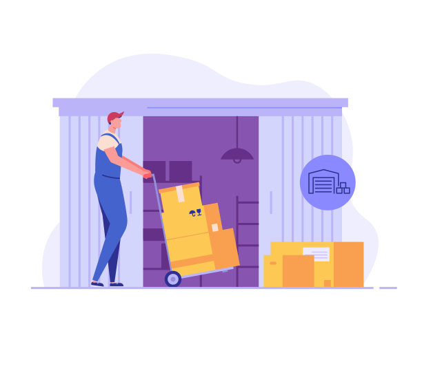 仓库工人与堆栈的箱子。装载机搬运箱子。快递运送包裹。仓库外部概念，物流行业，配送服务。平面设计中的矢量插图图片下载