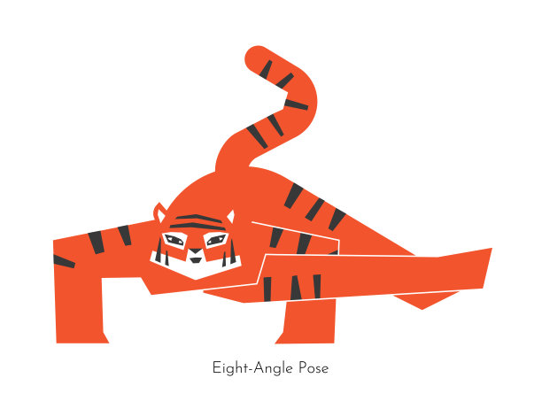 矢量孤立插图与卡通动物做平衡瑜伽练习- Astavakrasana。亚洲虎学八角式。几何概念与运动锻炼腹肌和手臂图片下载