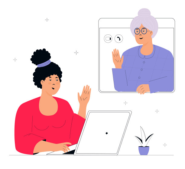 小女儿和老母正在用笔记本电脑进行视频通话。孙女和奶奶聊天。家庭关系。隔离检疫和时期。图片下载