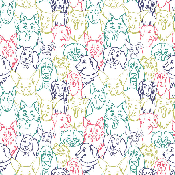 狗无缝矢量模式。插图牛头犬，短尾犬，腊肠犬，斗牛梗，杜宾犬，斯皮兹，吉娃娃图片下载