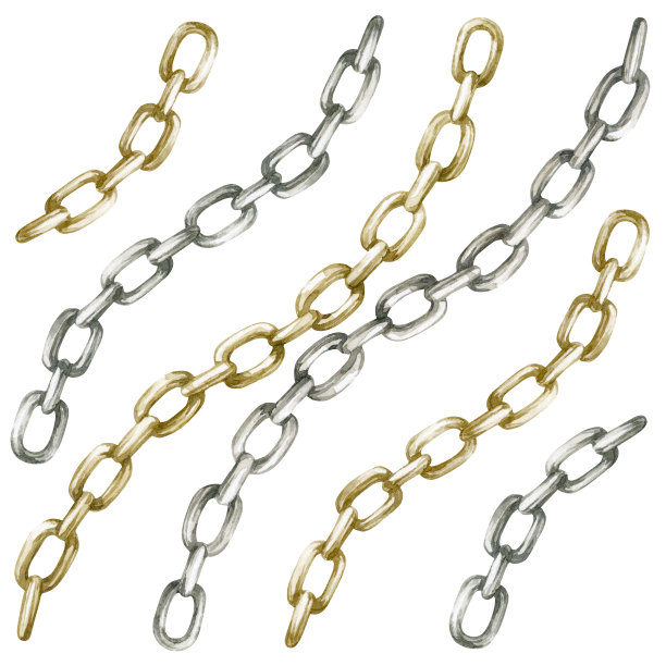 水彩插图的复古金和银链孤立在白色背景。图片下载
