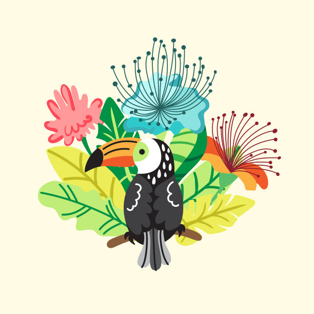 巨嘴鸟，极乐鸟，异域鸟，热带花，棕榈叶，丛林叶。图片下载