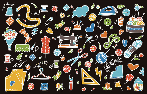 大矢量涂鸦缝纫集。矢量裁剪工具图标。缝纫人体模型，机器，测量和切割用品，黑色轮廓。草图与职业图片下载