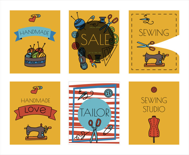 矢量涂鸦缝横幅。矢量裁剪工具图标。缝纫人体模型，机器，测量和切割用品，黑色轮廓。草图与职业图片下载