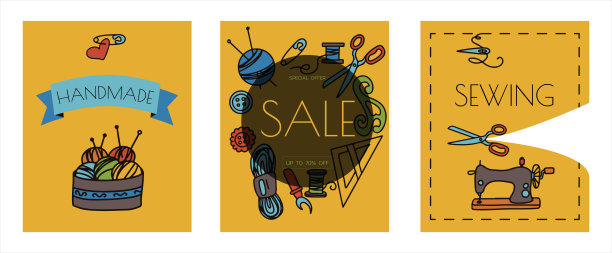 矢量涂鸦缝横幅。矢量裁剪工具图标。缝纫人体模型，机器，测量和切割用品，黑色轮廓。草图与职业图片下载