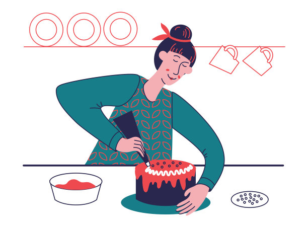 女人在烤蛋糕，用奶油装饰图片下载