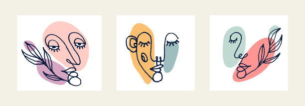 抽象的女性脸部矢量艺术品集，现代时尚的女性肖像艺术，手绘超现实美，极小的艺术设计，画在人类的头部。图片下载