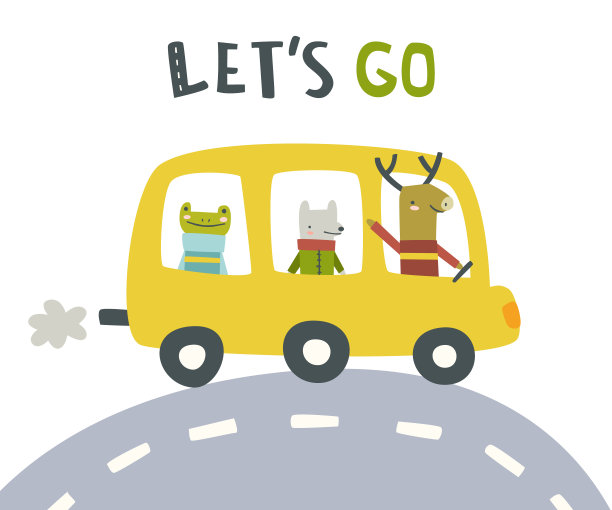 可爱的卡通巴士与动物。黄色的校车上有哺乳动物。图片下载