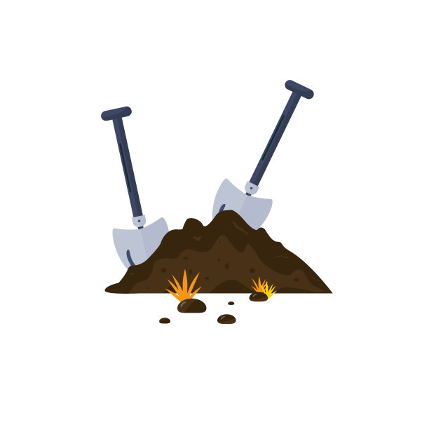 两锹在地上，土。土方工程、地面堆。工作工具陷在泥里，沙子里。34、建设理念，绿化环境。考古发掘，用铁锹工作。向量图片下载