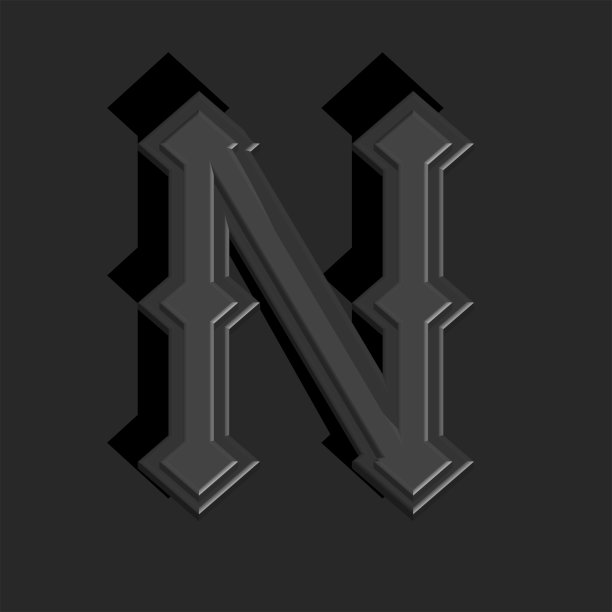 大胆的3d字母N标志交织灰色哥特式风格，在上雕琢面和尖锐的激进符号与阴影，创意排印印刷。图片下载