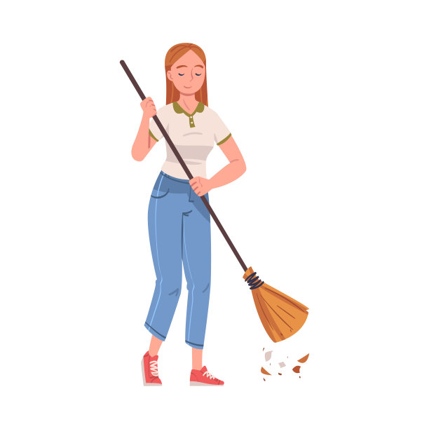 女人性格与扫帚收集垃圾清洁街道矢量插图图片下载
