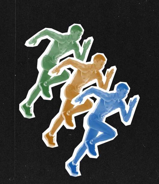 专业男性跑步者在黑暗的背景与灰尘效果，现代设计，当代创意艺术拼贴。杂志风格图片下载