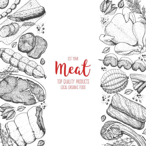 肉和香肠顶视图框架。雕刻风格。手绘矢量插图。肉制品设计模板。图片下载