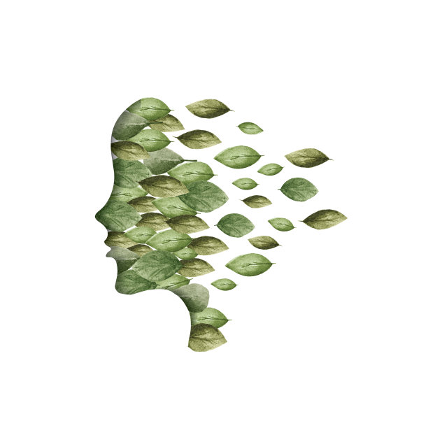 一个年轻女人的侧面，绿色的花瓣飞了出来。绿色社会理念的象征。图片下载