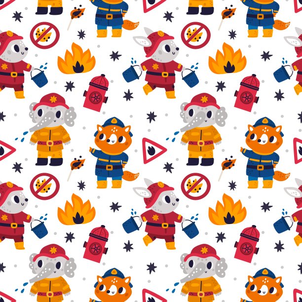 消防员无缝模式。滑稽的动物穿着消防制服，带着水桶。狐狸和兔子熄灭火焰。红色的泵。禁止标志。燃烧的火柴和篝火。向量打印图片下载