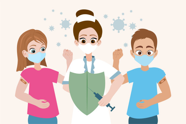 接受新冠肺炎疫苗的男孩和女孩，以及为他们接种疫苗的医生，戴着盾牌和注射器，以显示疫苗提供的保护图片下载