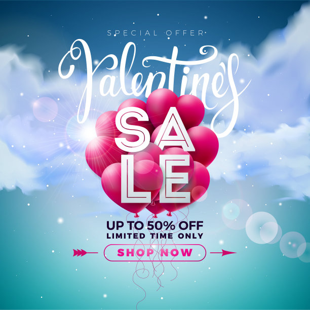 情人节促销设计与蓝色天空和云背景上的红色和心脏气球。矢量特别提供插图的优惠券，横幅，优惠券或宣传海报。图片下载