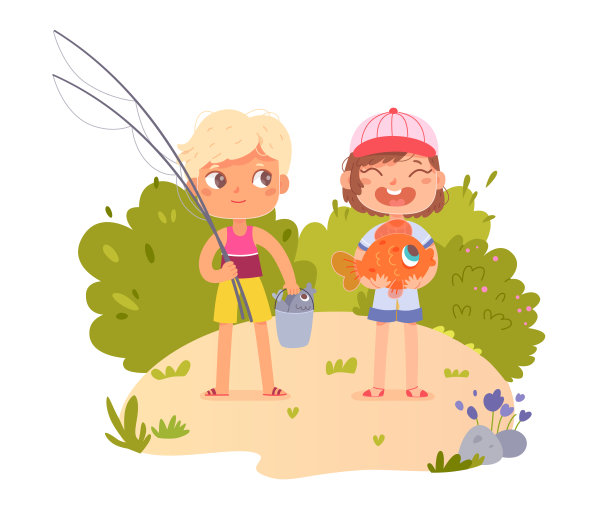 可爱的小孩子垂钓者手里拿着鱼钩，孩子们用鱼竿钓鱼图片下载