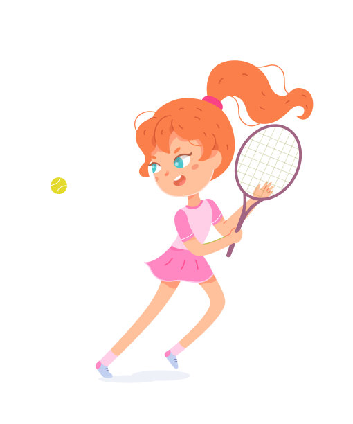 儿童运动员在球场上用球拍和球打网球，有趣的户外娱乐女孩图片下载