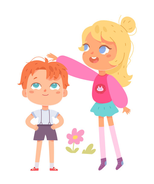 高个女孩测量学龄前小男孩的身高进步，孩子们站在一起图片下载