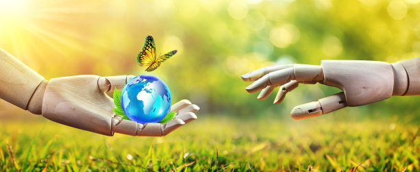 在绿色的森林里，木制的手拿着玻璃球。环境的概念素材图片