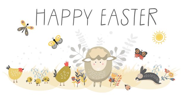 旗帜、概念与题词复活节快乐，动物有羊、羔羊、鸡、公鸡、兔子、跑、跳的野兔、飞蝴蝶、昆虫、昆虫、草和花。图片下载